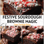 Close-up of chocolate peppermint sourdough brownies topped with crushed candy canes, baked from sourdough starter discard.